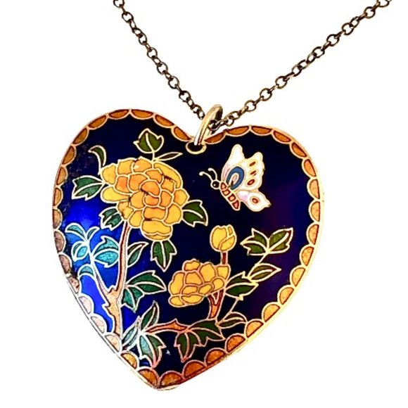 Vintage Cloisonne Large Heart Puffy Double Sided Enamel Pendant Necklace Red Blu - Picture 6 of 16